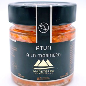 Tarro de cristal de atún a la marinera Mareterra con etiqueta negra gourmet