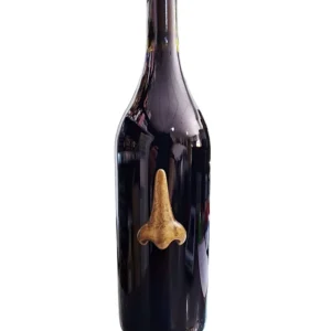 Botella negra de vino tinto De Nariz Edición Limitada Pedro Martínez con nariz 3D de bronce